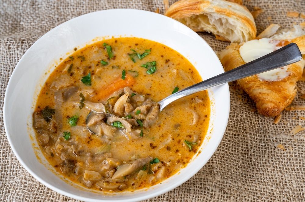 Healthy Oyster Mushroom Soup Croissant With Butter On Jute Background