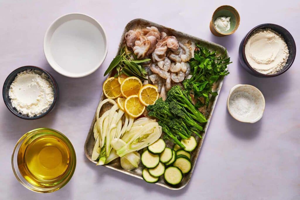 A top view of ingredients for fritto misto