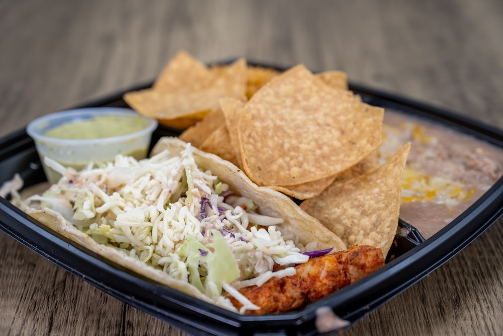 A view of a plate of halibut fish tacos