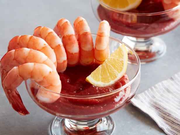 shrimp cocktail with lemon slice