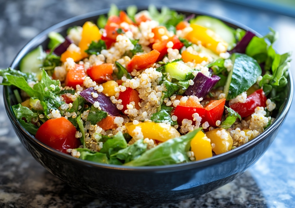 Quinoa salad with mixed greens and assorted vegetables, presented in a bowl, top-down view