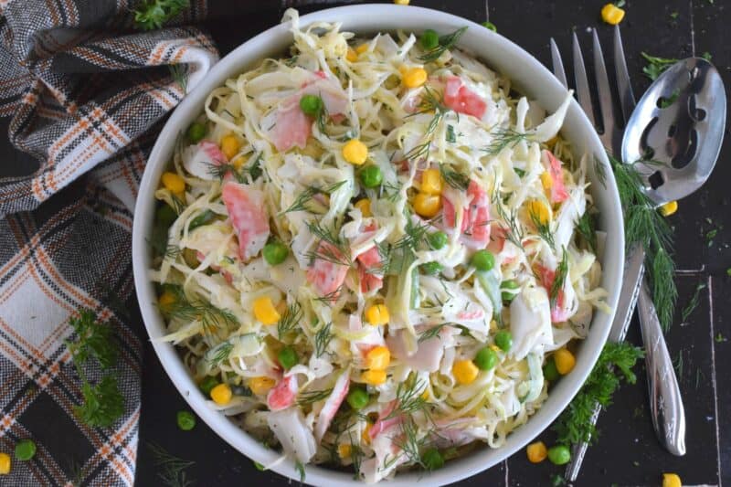 coleslaw salad in a white bowl