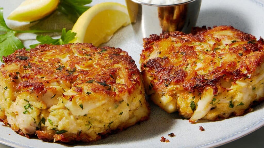 crab patties along with fresh lemon and sauce