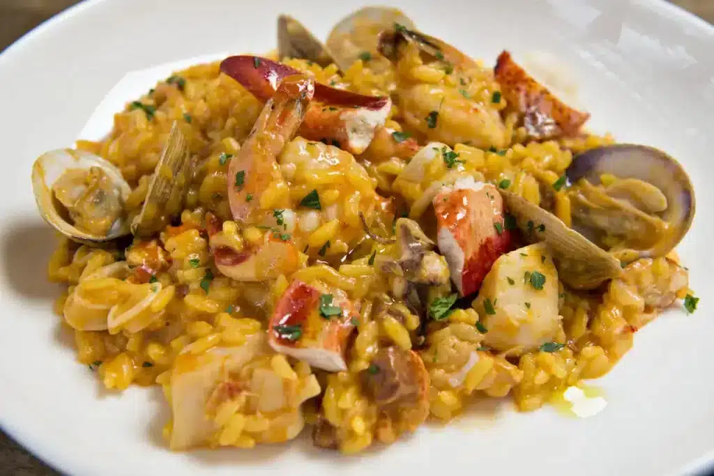 zoomed in view of seafood risotto