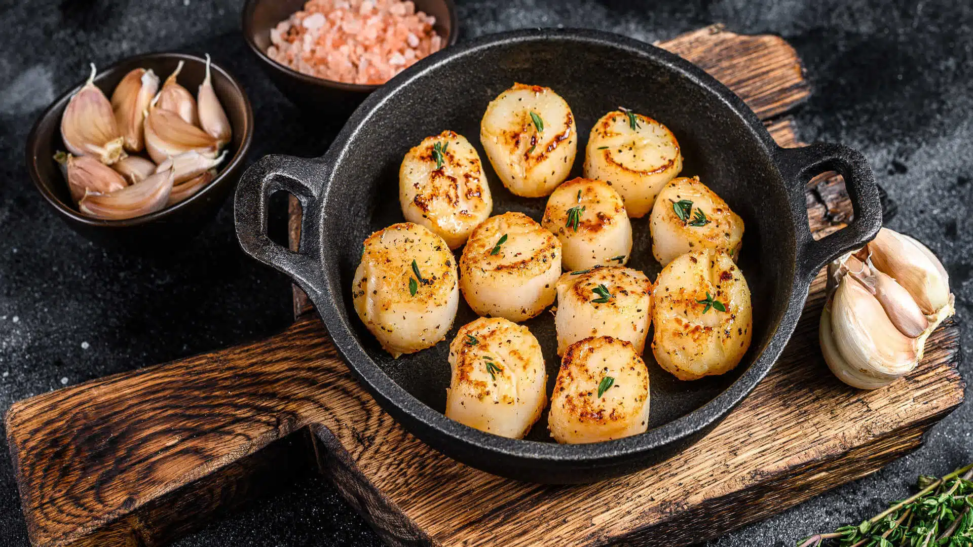 fried scallop along with garlic in a small bowls