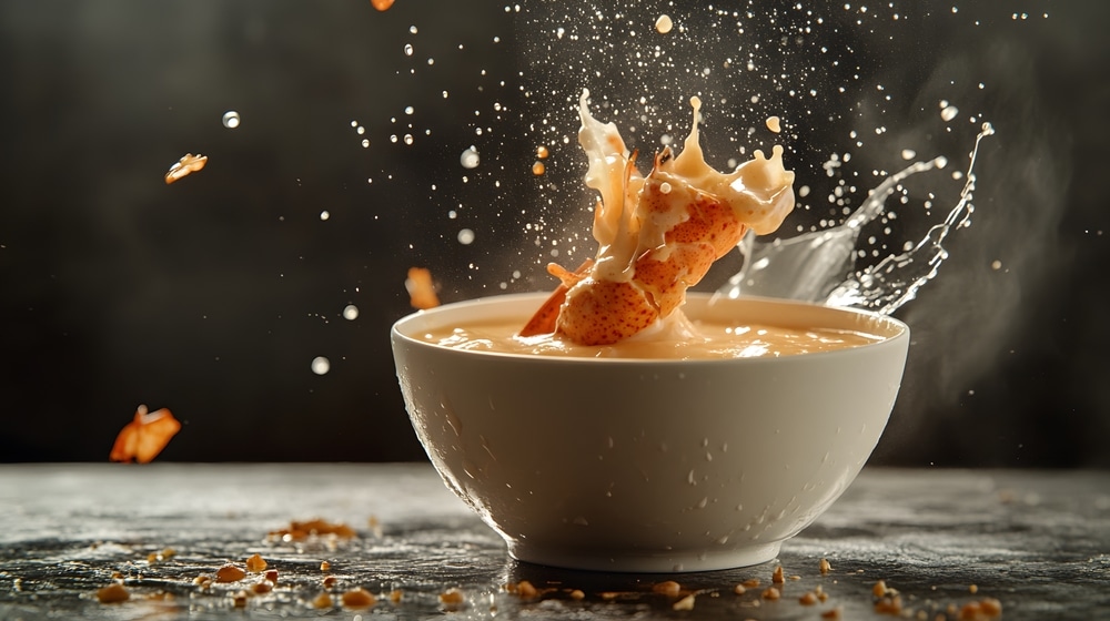 A Fresh Lobster Bisque Half Suspended In Mid air With Droplets