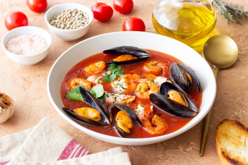 Bouillabaisse Soup With Fish Mussels And Shrimps French Cuisine Seafood