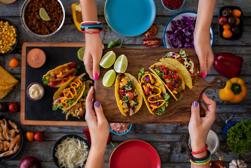 Variation Of Mexican Tacos With Spicy Salsa And Nacho Tortilla