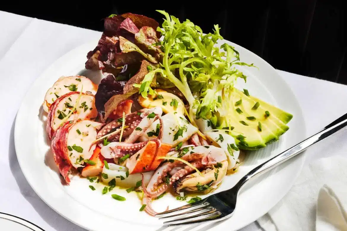 a plate of seafood salad