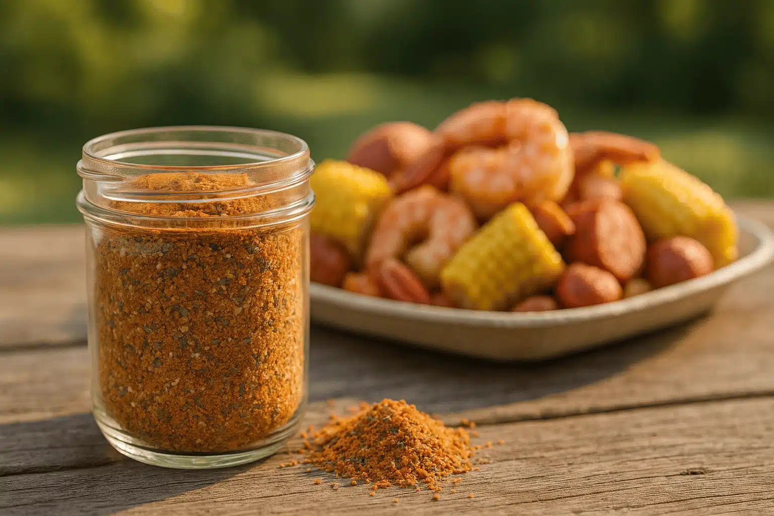 seafood seasoning mix in a jar blurred view of crab and corn in a plate seafood seasoning mix in a jar blurred view of crab and corn in a plate